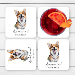Drinks On Me! Pembroke Welsh Corgi Dog Pet Wedding Square Paper Coaster