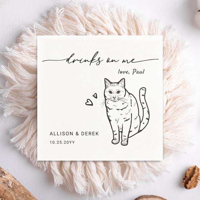 Drinks on Me Script Cute Pet Cat Wedding Napkin (Creator Uploaded)