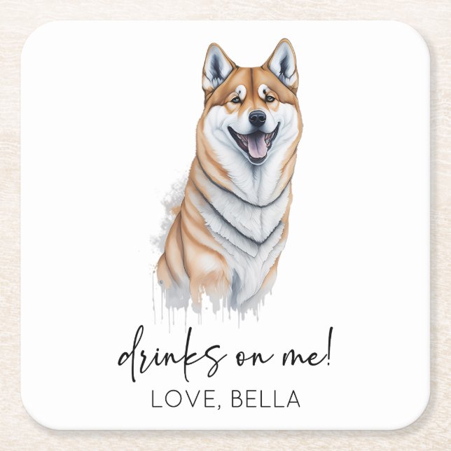 Drinks On Me! Shiba Inu Dog Pet Wedding Square Paper Coaster (Front)