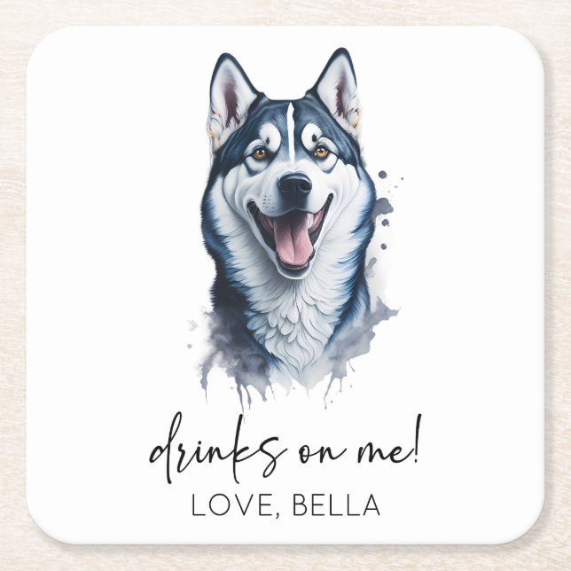 Drinks On Me! Siberian Husky Dog Pet Wedding Square Paper Coaster (Front)