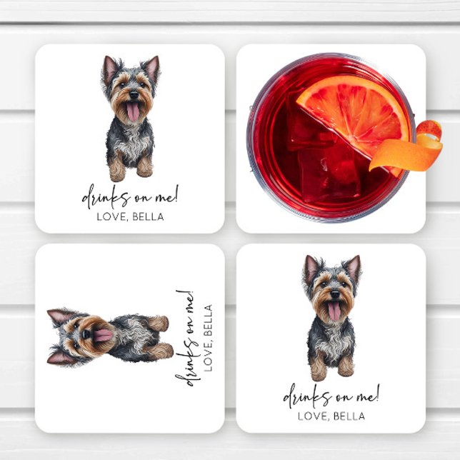 Drinks On Me! Yorkshire Terrier Yorkie Dog Wedding Square Paper Coaster (Creator Uploaded)