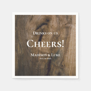 Drinks on Us Cheers! Rustic Wood Wedding Napkin