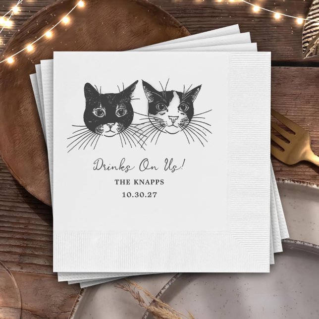 Drinks On Us Custom Cat Drawn Wedding Napkin (Creator Uploaded)