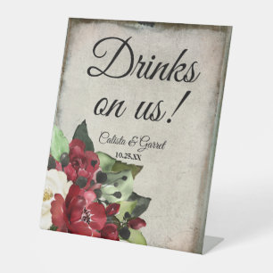 Drinks On Us Dark Red Floral Goth Wedding Pedestal Sign