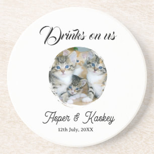 Drinks on us open bar pet photo wedding couple dat coaster