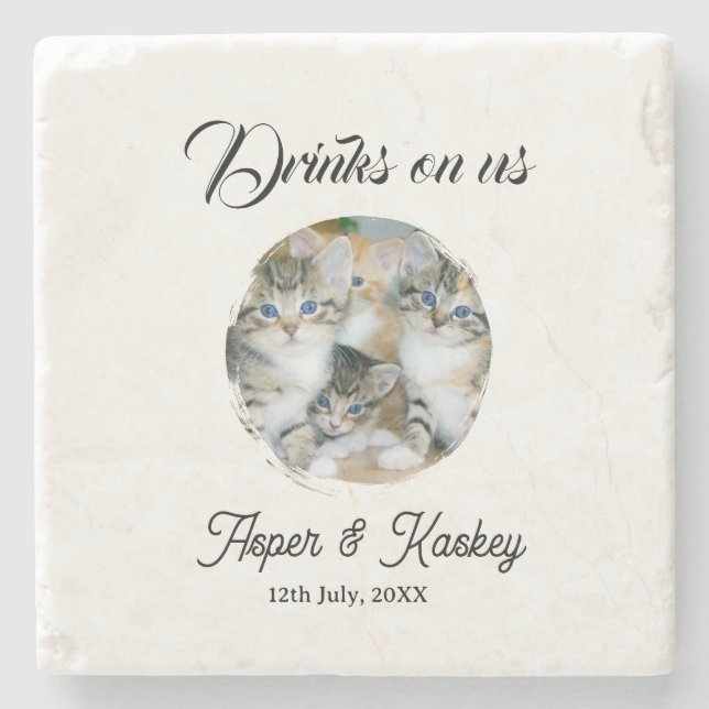 Drinks on us open bar pet photo wedding couple dat stone coaster (Front)