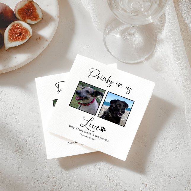 Drinks On Us Pet Photo Calligraphy Wedding  Napkin (Creator Uploaded)