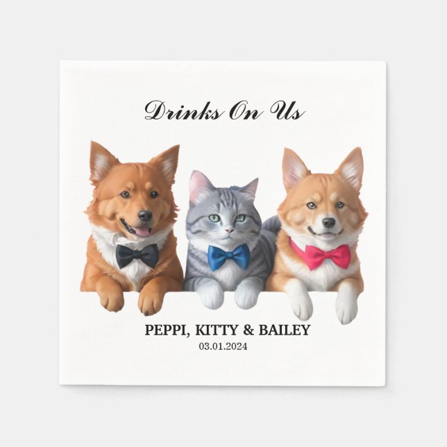 Drinks On Us Photo Fun Dog Cat Pet Wedding Napkin (Front)