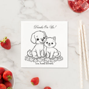 Drinks On Us Simple Drawing Cute Dog & Cat Wedding Napkin