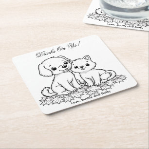 Drinks On Us Simple Drawing Cute Dog & Cat Wedding Square Paper Coaster