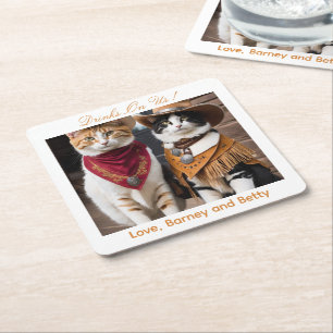 Drinks On Us Simple Photo Cute Fun Cats Square Paper Coaster