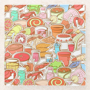 Drinks, seafood, snacks, seamless pattern glass coaster