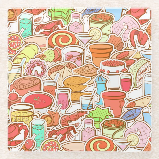 Drinks, seafood, snacks, seamless pattern glass coaster (Front)