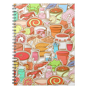Drinks, seafood, snacks, seamless pattern notebook