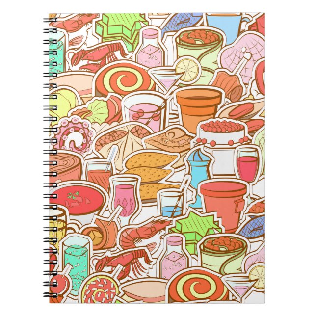 Drinks, seafood, snacks, seamless pattern notebook (Front)
