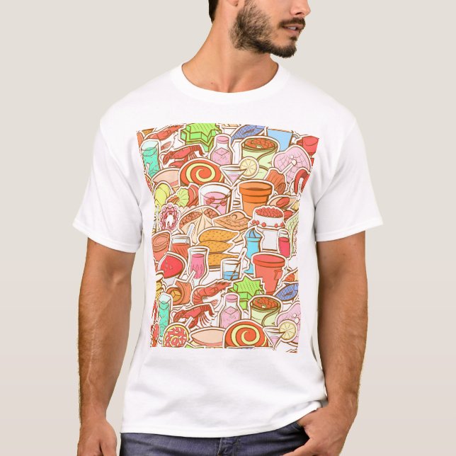 Drinks, seafood, snacks, seamless pattern T-Shirt (Front)
