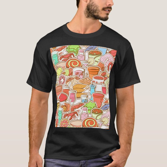 Drinks, seafood, snacks, seamless pattern T-Shirt (Front)