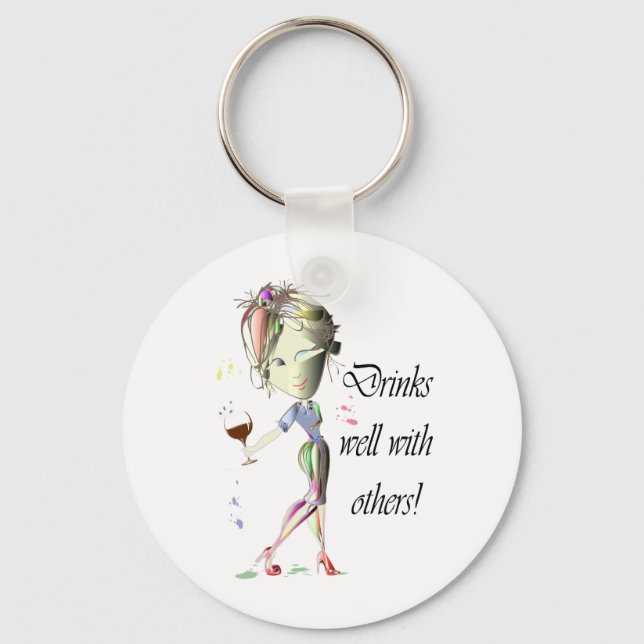 Drinks well with others, funny Wine art Key Ring (Front)