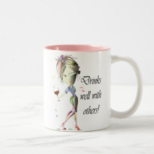 Drinks well with others, funny Wine art Two-Tone Coffee Mug