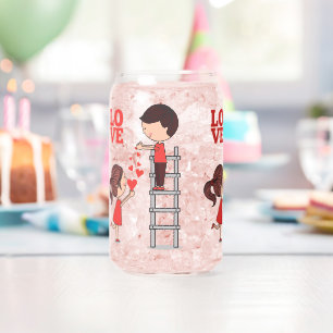 Drinkware Set Couple Love Red Hearts  Can Glass