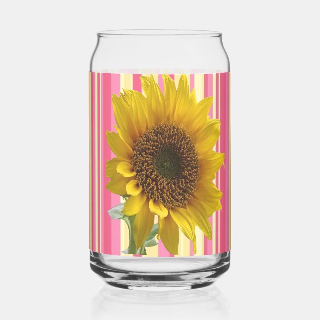 Drinkware Set Cute Sunflower Pink Stripe Can Glass (Back)