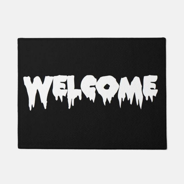 Drip Font WELCOME Doormat- White Text on Black Doormat (Front)