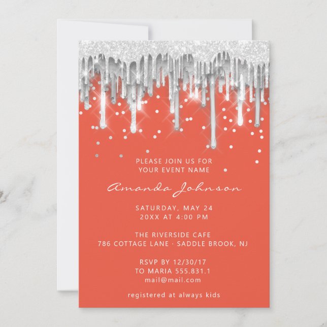 Drip Glitter Bridal Wedding Silver Grey Orange Invitation (Front)