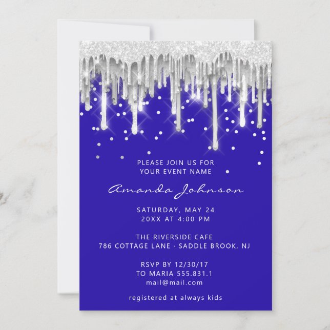 Drip Glitter Bridal Wedding Silver Grey Royal Blue Invitation (Front)
