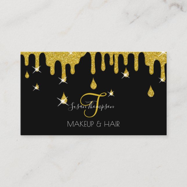 Drip Gold Glitter Sparkle Makeup Artist Hair Salon Business Card (Front)