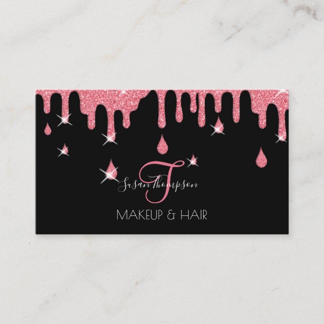 Drip Pink Glitter Sparkle Makeup Artist Hair Salon Business Card (Front)