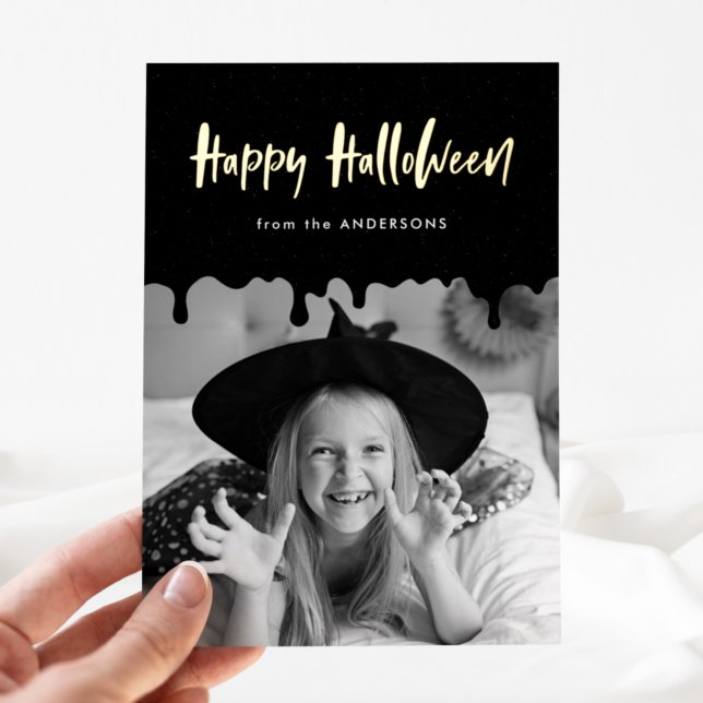 Dripping Black Blood Photo Halloween Foil Holiday Card (Creator Uploaded)