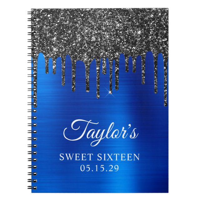 Dripping Black Glitter Royal Blue Sweet Sixteen Notebook (Front)