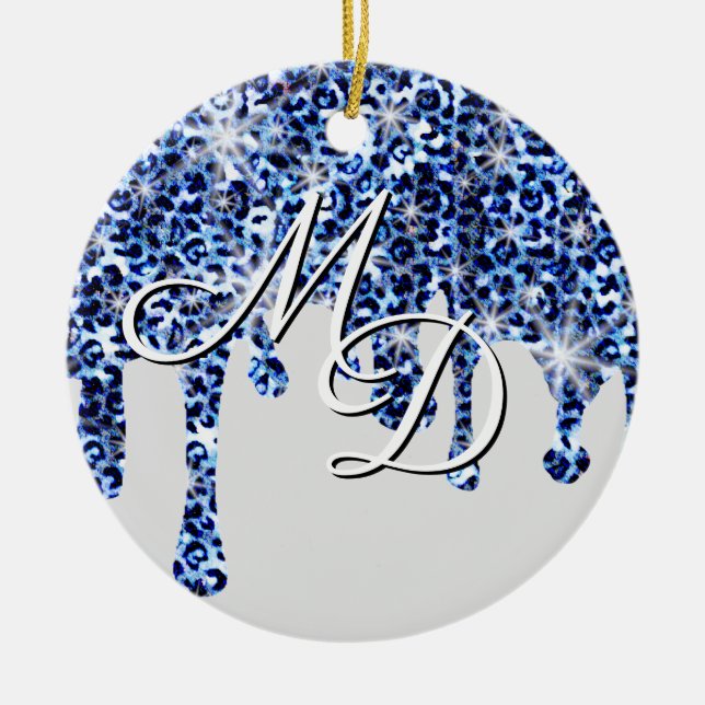 Dripping Blue Cheetah Sparkles Monogram Ceramic Ornament (Front)