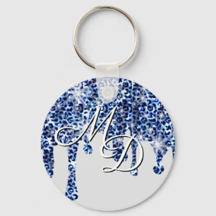 Dripping Blue Cheetah Sparkles Monogram Key Ring