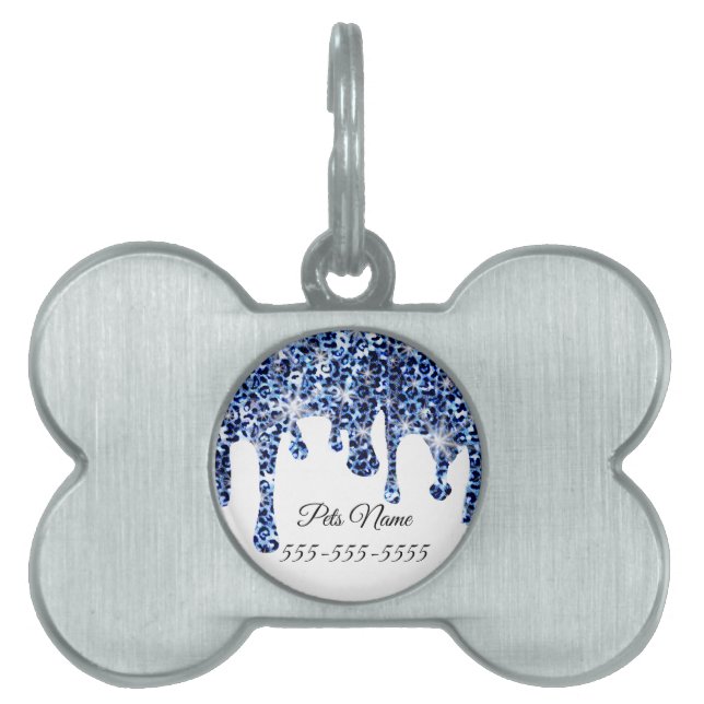 Dripping Blue Cheetah Sparkles Pet ID Tag (Front)