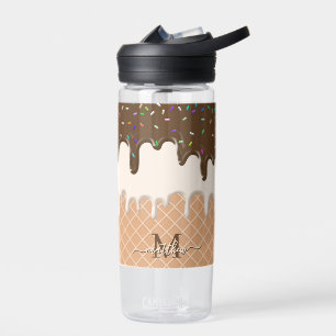 Dripping Chocolate Ice Cream Waffle Cone Monogram  Water Bottle