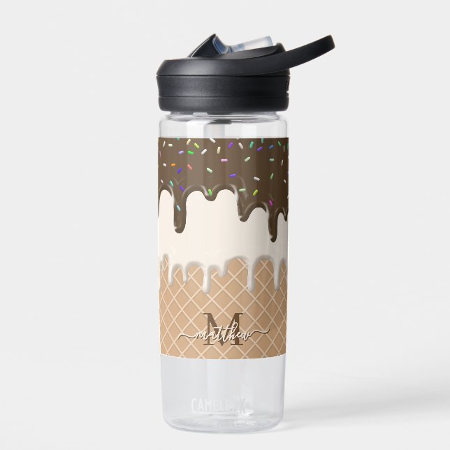 Dripping Chocolate Ice Cream Waffle Cone Monogram  Water Bottle (Left)