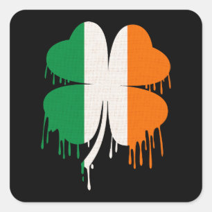 Dripping Four Leaf Clover Irish Flag Square Sticker