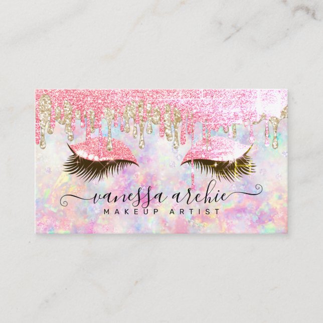 Dripping Glitter Holographic Makeup Artist Business Card (Front)