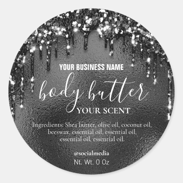 Dripping Glitter On Black For Body Butter Labels (Front)