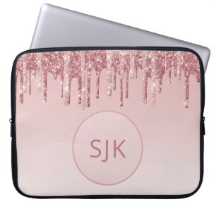 Dripping Glitter Pink Rose Gold Monogram Laptop Sleeve