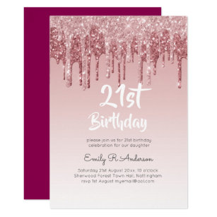 Dripping Glitter Rose Gold 21st Birthday Pink Girl Invitation