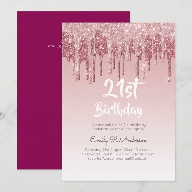 Dripping Glitter Rose Gold 21st Birthday Pink Girl Invitation (Front/Back)