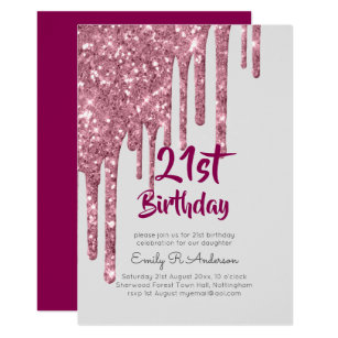 Dripping Glitter Rose Gold 21st Birthday Pink Girl Invitation