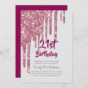 Dripping Glitter Rose Gold 21st Birthday Pink Girl Invitation