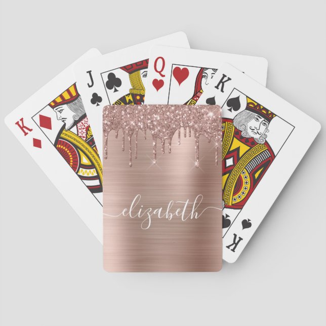 Dripping Glitter Rose Gold Monogram Playing Cards (Back)