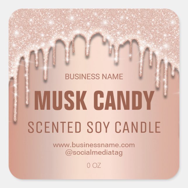 Dripping Glitter Rose Gold Soy Candle Labels (Front)