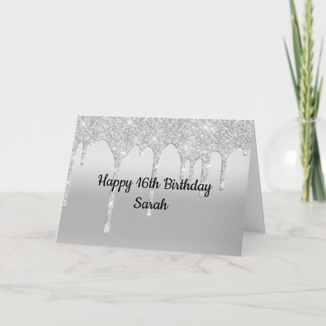 Dripping Glitter Silver Personalised Birthday Card (Front)