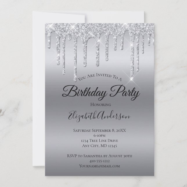 Dripping Glitter Silver Personalised Birthday  Invitation (Front)