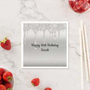 Dripping Glitter Silver Personalised Birthday  Napkin
